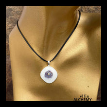 Load image into Gallery viewer, elfin alchemy cosmic spiral white fused glass pendant with Swarovski crystal handcrafted in Lancashire
