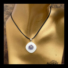 Load image into Gallery viewer, elfin alchemy cosmic spiral white fused glass pendant with Swarovski crystal handcrafted in Lancashire