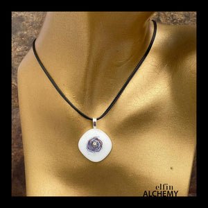 elfin alchemy cosmic spiral white fused glass pendant with Swarovski crystal handcrafted in Lancashire