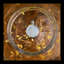 Load image into Gallery viewer, elfin alchemy white sparkles diddy fused glass pendant, abstract glass alchemy, handmade in Lancashire, England