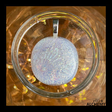 Load image into Gallery viewer, elfin alchemy white sparkles large fused glass pendant, abstract glass alchemy, handmade in Lancashire, England