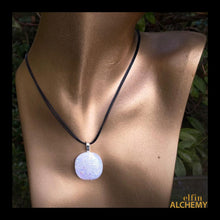 Load image into Gallery viewer, elfin alchemy white sparkles large fused glass pendant, abstract glass alchemy, handmade in Lancashire, England