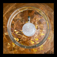 Load image into Gallery viewer, elfin alchemy white sparkles small fused glass pendant, abstract glass alchemy, handmade in Lancashire, England
