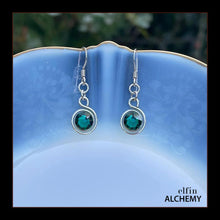 Load image into Gallery viewer, zodiac Taurus birthstone elfin alchemy spiral earrings with emerald colour Swarovski crystal, handcrafted in Lancashire