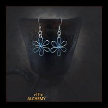 Load image into Gallery viewer, elfin alchemy pale blue sculptural flower style earrings inspired by the magical art of our ancient ancestors, handmade in Lancashire, England