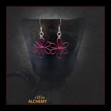 Load image into Gallery viewer, elfin alchemy magenta pink sculptural flower style earrings inspired by the magical art of our ancient ancestors, handmade in Lancashire, England