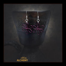 Load image into Gallery viewer, elfin alchemy dark purple sculptural flower style earrings inspired by the magical art of our ancient ancestors, handmade in Lancashire, England