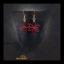 Load image into Gallery viewer, elfin alchemy red sculptural flower style earrings inspired by the magical art of our ancient ancestors, handmade in Lancashire, England