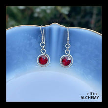 Load image into Gallery viewer, zodiac Capricorn birthstone elfin alchemy spiral earrings with garnet colour Swarovski crystal, handcrafted in Lancashire