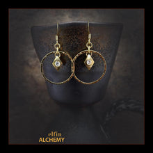 Load image into Gallery viewer, elfin alchemy gold colour sculptural hoop design Swarovski charm earrings, handmade in Lancashire, England