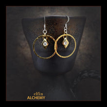 Load image into Gallery viewer, elfin alchemy gold colour sculptural hoop design Swarovski charm earrings, handmade in Lancashire, England