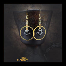 Load image into Gallery viewer, elfin alchemy gold colour hoop hematine gemstone star earrings, handmade in Lancashire, England