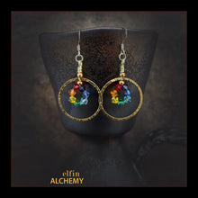 Load image into Gallery viewer, elfin alchemy gold colour sculptural hoop rainbow colour Swarovski crystal earrings, handmade in Lancashire, England
