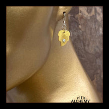 Load image into Gallery viewer, elfin alchemy gold colour leaf charm earrings with Swarovski crystals and sterling silver ear hooks, handmade in Lancashire, England