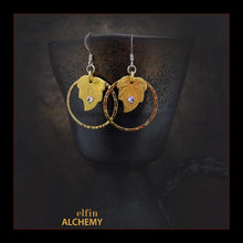Load image into Gallery viewer, elfin alchemy gold colour leaf charm earrings with Swarovski crystals and hammered hoops with sterling silver ear hooks, handmade in Lancashire, England