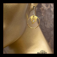 Load image into Gallery viewer, elfin alchemy gold colour leaf charm earrings with Swarovski crystals and hammered hoops with plated metal ear hooks, handmade in Lancashire, England