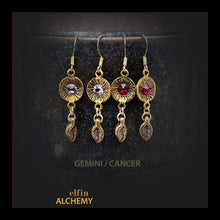 Load image into Gallery viewer, zodiac birthstone Gemini and Cancer Swarovski crystal earrings in gold tone plated metal handmade by elfin alchemy in Lancashire
