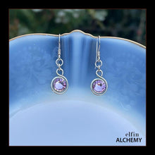 Load image into Gallery viewer, zodiac Gemini birthstone elfin alchemy spiral earrings with light amethyst colour Swarovski crystal, handcrafted in Lancashire