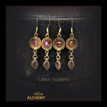Load image into Gallery viewer, zodiac birthstone Libra and Scorpio Swarovski crystal earrings in gold tone plated metal handmade by elfin alchemy in Lancashire