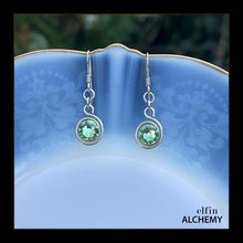 Load image into Gallery viewer, zodiac Leo birthstone elfin alchemy spiral earrings with peridot colour Swarovski crystal, handcrafted in Lancashire