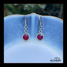 Load image into Gallery viewer, zodiac Cancer birthstone elfin alchemy spiral earrings with ruby colour Swarovski crystal, handcrafted in Lancashire