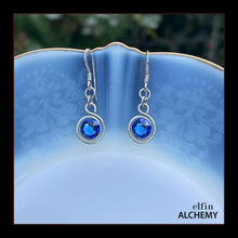 Load image into Gallery viewer, zodiac Virgo birthstone elfin alchemy spiral earrings with sapphire colour Swarovski crystal, handcrafted in Lancashire