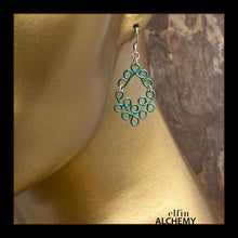 Load image into Gallery viewer, elfin alchemy turquoise sculptural scroll style earrings, inspired by the magical art of our ancient ancestors, handmade in Lancashire, England