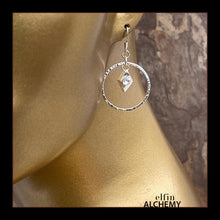 Load image into Gallery viewer, elfin alchemy silver colour textured hoop earrings with diamond-shaped Swarovski crystal charms and sterling silver ear hooks, handmade in Lancashire, England