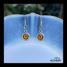 Load image into Gallery viewer, zodiac Scorpio birthstone elfin alchemy spiral earrings with topaz colour Swarovski crystal, handcrafted in Lancashire