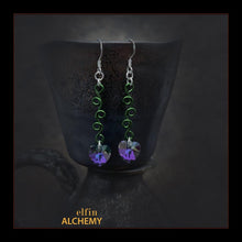 Load image into Gallery viewer, elfin alchemy forest green sculptural vine scroll Swarovski crystal heart earrings inspired by the magical art of our ancient ancestors, handmade in Lancashire, England
