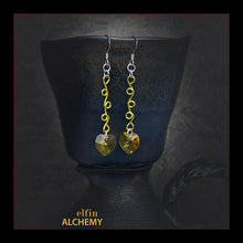 Load image into Gallery viewer, elfin alchemy gold sculptural vine scroll Swarovski heart earrings inspired by the magical art of our ancient ancestors, handmade in Lancashire, England