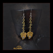 Load image into Gallery viewer, elfin alchemy gold colour leaf charms with Swarovski crystals and vine scroll wirework earrings with sterling silver hooks, handmade in Lancashire, England