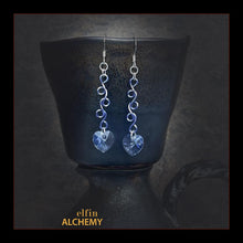 Load image into Gallery viewer, elfin alchemy lilac sculptural vine scroll Swarovski heart earrings inspired by the magical art of our ancient ancestors, handmade in Lancashire, England