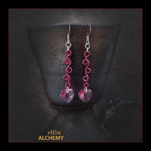 Load image into Gallery viewer, elfin alchemy magenta pink sculptural vine scroll Swarovski heart earrings inspired by the magical art of our ancient ancestors, handmade in Lancashire, England