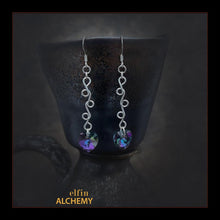 Load image into Gallery viewer, elfin alchemy sterling silver sculptural vine scroll paradise shine Swarovski heart earrings inspired by the magical art of our ancient ancestors, handmade in Lancashire, England