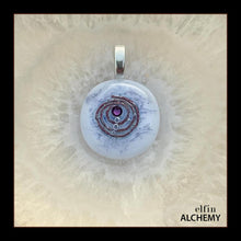 Load image into Gallery viewer, zodiac Aquarius elfin alchemy cosmic spiral white fused glass pendant with an amethyst Swarovski crystal
