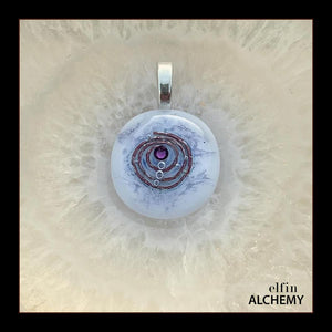 zodiac Aquarius elfin alchemy cosmic spiral white fused glass pendant with an amethyst Swarovski crystal