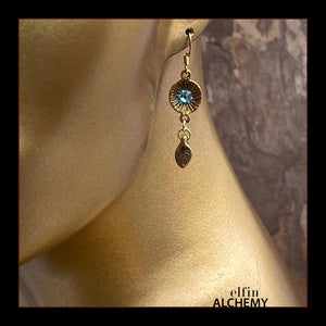 zodiac birthstone Pisces aquamarine Swarovski crystal earrings in gold tone plated metal handmade by elfin alchemy in Lancashire
