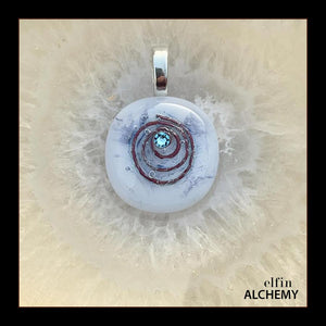 zodiac Pisces birthstone crystal elfin alchemy cosmic spiral white fused glass pendant with an aquamarine Swarovski crystal