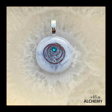 Load image into Gallery viewer, zodiac Sagittarius birthstone crystal elfin alchemy cosmic spiral white fused glass pendant with a blue zircon Swarovski crystal
