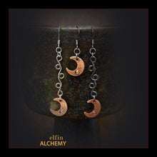 Load image into Gallery viewer, elfin alchemy copper crescent moon with Swarovski crystals earrings celestial collection inspired by the magical art of our ancient ancestors, handmade in Lancashire, England
