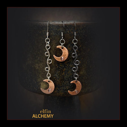 elfin alchemy copper crescent moon with Swarovski crystals earrings celestial collection inspired by the magical art of our ancient ancestors, handmade in Lancashire, England