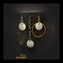 Load image into Gallery viewer, elfin alchemy sterling silver plated copper moon with Swarovski crystals earrings, the celestial collection inspired by the magical art of our ancient ancestors, handmade in Lancashire, England
