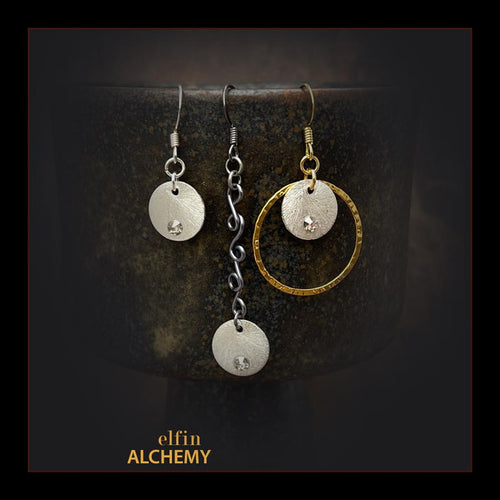 elfin alchemy sterling silver plated copper moon with Swarovski crystals earrings, the celestial collection inspired by the magical art of our ancient ancestors, handmade in Lancashire, England