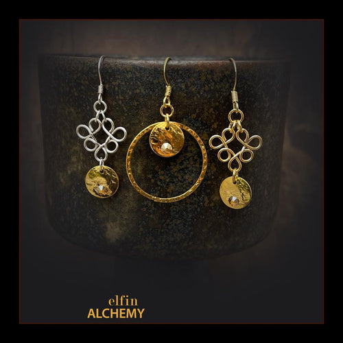 elfin alchemy sun charm with Swarovski crystals earrings celestial collection inspired by the magical art of our ancient ancestors, handmade in Lancashire, England