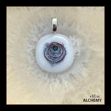 Load image into Gallery viewer, zodiac Taurus elfin alchemy cosmic spiral white fused glass pendant with an emerald Swarovski crystal
