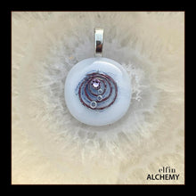 Load image into Gallery viewer, zodiac Gemini birthstone crystal elfin alchemy cosmic spiral white fused glass pendant with a light amethyst crystal Swarovski crystal
