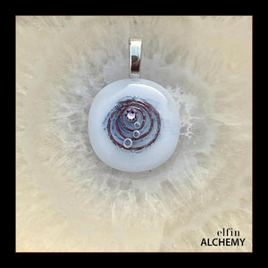 zodiac Gemini birthstone crystal elfin alchemy cosmic spiral white fused glass pendant with a light amethyst crystal Swarovski crystal