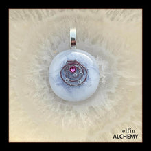 Load image into Gallery viewer, zodiac Libra elfin alchemy cosmic spiral white fused glass pendant with a rose Swarovski crystal
