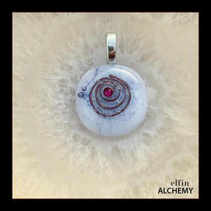 zodiac Cancer elfin alchemy cosmic spiral white fused glass pendant with a ruby Swarovski crystal
